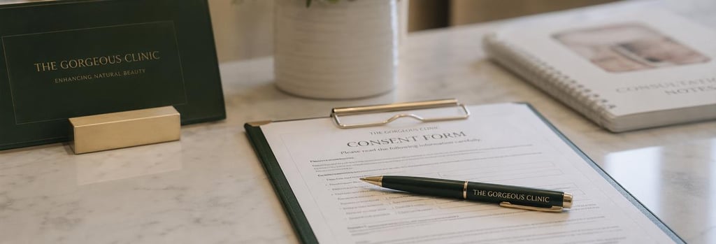 Photorealistic still life of a consultation desk with consent form and pen, soft clinical lighting, cosmetic consultation notes blurred, forest green and cream colour accents, single focal point on pen and paper, premium medical feel.
