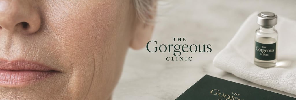 Photorealistic macro image of mature skin texture, shallow depth of field, soft clinical lighting, elegant clinical surface in cream and forest green, clear focus on skin pores and fine lines, subtle sterile gauze and single vial in background, premium medical-aesthetic feel.