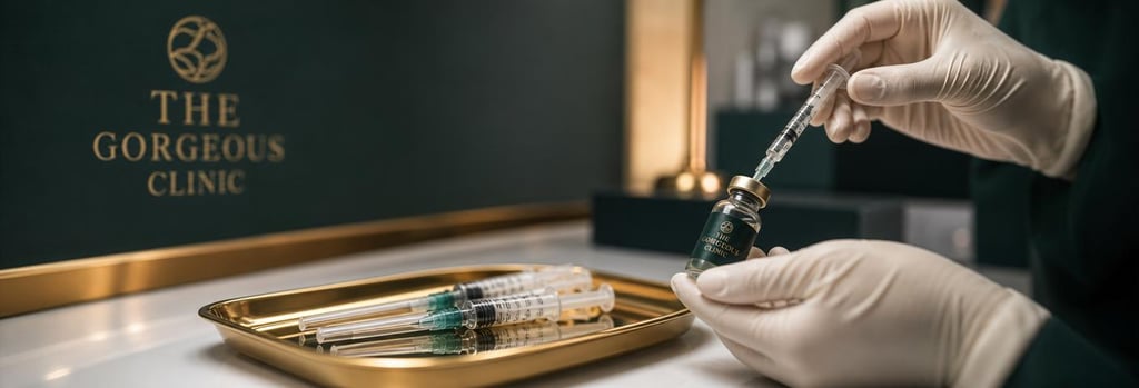 Photorealistic still life of polished syringes on a sterile tray, gloved hands preparing a vial in soft clinical light, forest green and warm gold accents, premium editorial composition, single focal point and negative space.