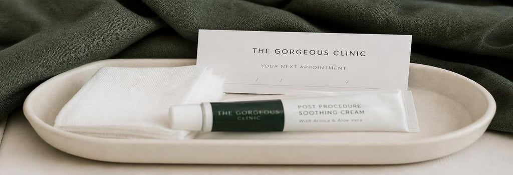 Photorealistic close-up of an aftercare kit on a cream ceramic tray: sterile gauze, small tube of soothing cream, appointment card blurred, forest green fabric in background, premium clinical composition, single focal point.