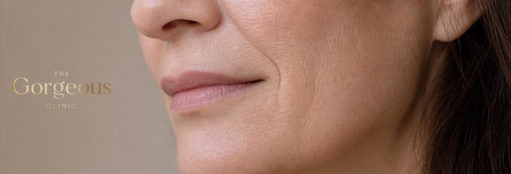 Photorealistic close-up of mature cheek and jawline in soft clinical light showing realistic skin texture, subtle smile lines, neutral cream and gold tones, single focal point, editorial feel, no heavy retouching.