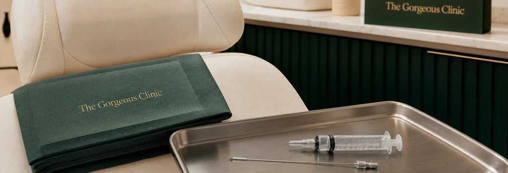 Photorealistic close-up of a treatment chair headrest and folded sterile drape, a single cannula and syringe on a brushed metal tray, soft cream and forest green tones, editorial clinical-luxury feel, no people visible.