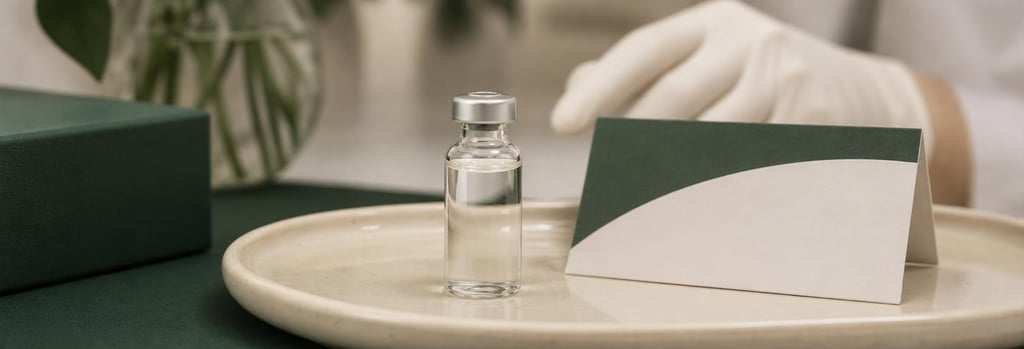 Photorealistic still life of a single clear glass vial and a folded aftercare card on a cream ceramic tray, gloved hand blurred in background, forest green accent, calm editorial clinic aesthetic, no readable text or branding.