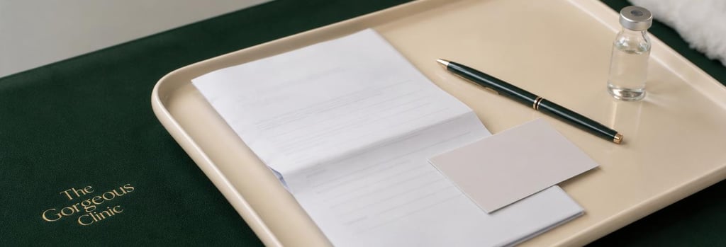 Photorealistic close-up of consultation objects: a folded consent form and appointment card on a cream tray, a pen and a small vial visible, forest green background, soft editorial lighting, no readable text or branding.