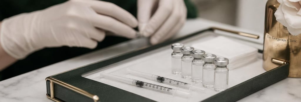 Photorealistic macro image of a sterile tray with syringes and small clear vials, gloved hands in soft focus, forest green and cream accents, editorial clinical-luxury feel, single focal point, negative space, no branding, non-graphic.