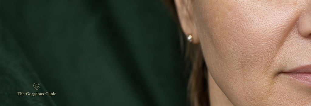 Photorealistic macro image of mature skin texture on a cheek, clear pores and fine lines visible, soft clinical lighting, forest green cloth in background, elegant negative space, realistic photographic detail, treatment-relevant.