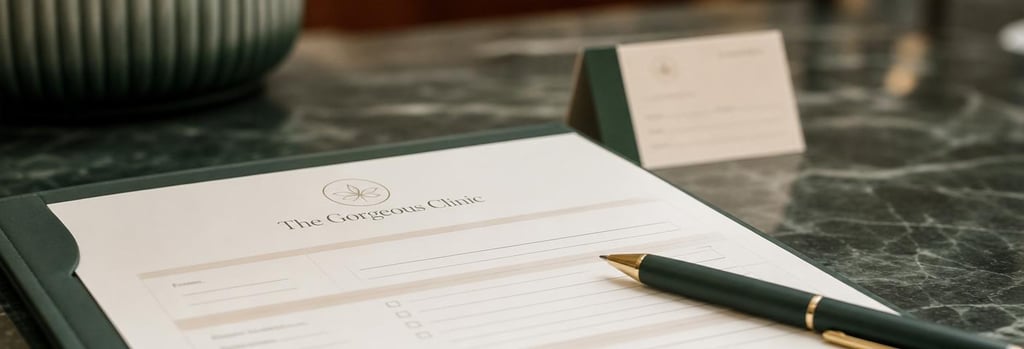 Photorealistic close-up of a consultation form and a pen on a polished table, an appointment card blurred in the background, forest green and cream tones, editorial clinical surface detail, no readable text.