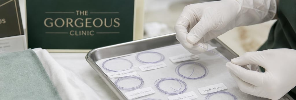 Photorealistic close-up of a sterile tray with absorbable threads neatly coiled, a pair of gloved hands holding a thread gently, soft cream and forest green accents, editorial medical detail, no graphic procedure shots.