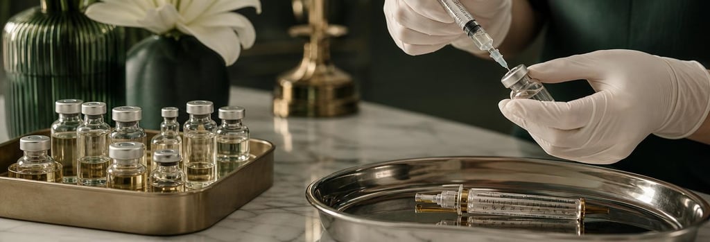 Photorealistic still life of glass vials, a sterile tray with a single polished syringe and gloved hands preparing a vial, soft cream and forest green tones, editorial clinical-luxury feel, no text or branding.