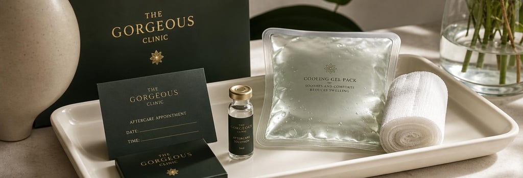Photorealistic composition of an aftercare kit on a cream ceramic tray: cooling gel pack, soft gauze, small vial and appointment card silhouette, forest green and gold accents, minimal clinical-luxury styling.