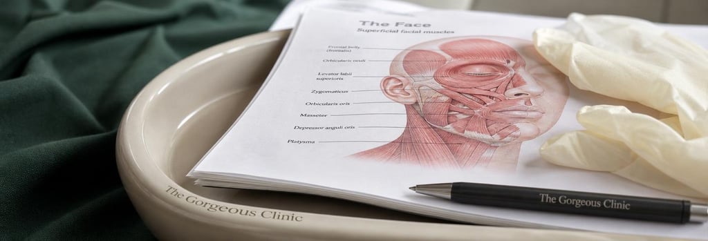 Photorealistic still life of medical training materials: a close-up of a folded anatomy textbook page, disposable gloves and a pen on a cream ceramic tray, forest green fabric in soft focus, editorial clinical lighting, single focal point, premium medical-aesthetic feel.