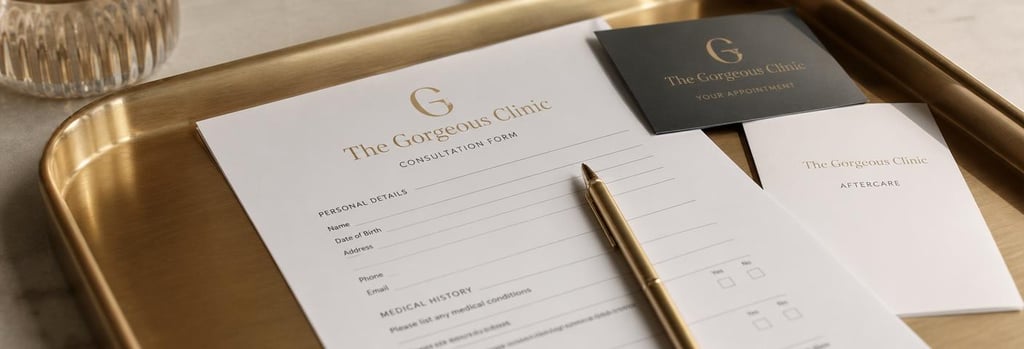 Photorealistic close-up of a consultation form and a pen on a brushed gold tray, appointment card and folded aftercare leaflet partially visible without readable text, soft warm clinical lighting, single focal point, premium medical-aesthetic still life.