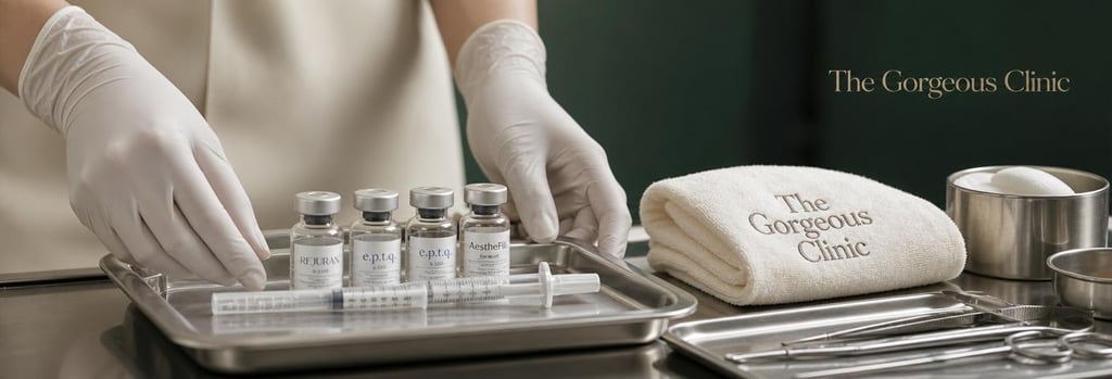 Photorealistic still life of gloved hands preparing a sterile tray with syringes and small glass vials, polished metal instruments and a folded cream towel, soft forest green background, editorial medical-luxury composition, single focal point on tray objects.