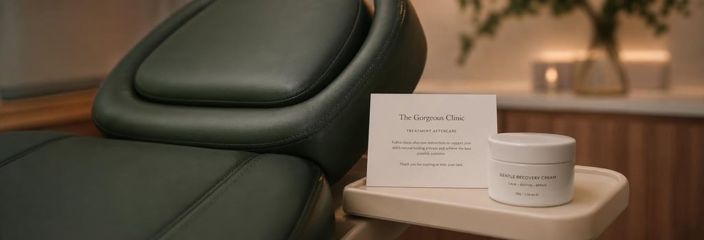Photorealistic close-up of a treatment chair headrest with forest green upholstery, a small aftercare card and a pot of gentle recovery cream on a cream tray, soft warm light, single focal point on aftercare card and cream, refined clinical-luxury feel.