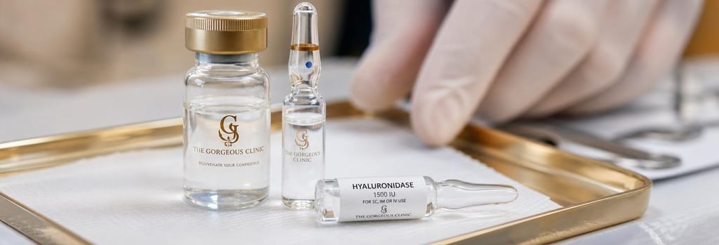 Photorealistic close-up of a small glass vial, an ampoule and a labelled hyaluronidase ampoule on a sterile tray, gloved hand slightly blurred in background, clinical lighting with warm gold highlights, premium editorial composition.