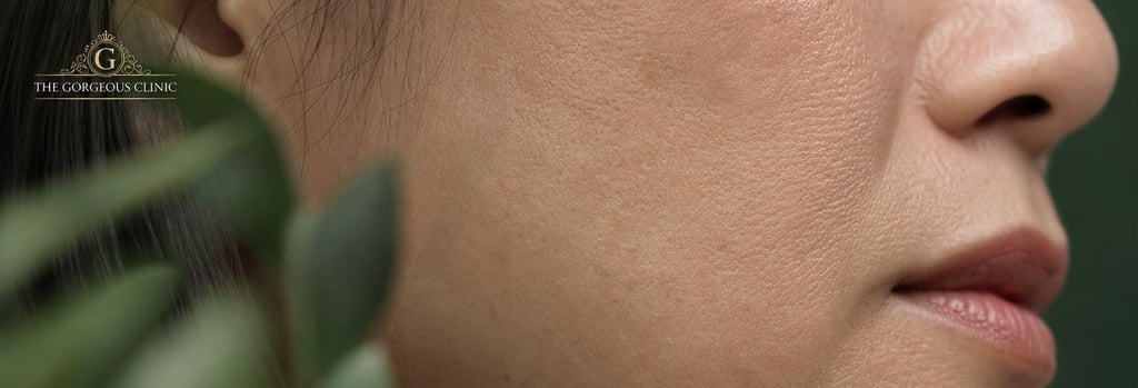 Photorealistic macro image of mature cheek and jawline skin texture in soft clinical lighting, close-up showing realistic pores and fine lines, cropped profile of a Chinese woman visible at edge of frame, shallow depth of field, forest green and cream accents, editorial medical-luxury feel, single focal point on skin texture.
