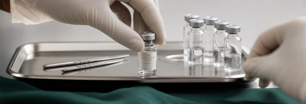 Photorealistic still life of glass vials and gloved hands on a sterile tray, one small labelled vial but no readable branding, soft clinical lighting, forest-green cloth edge, polished metal instruments, editorial medical-luxury feel, single focal point, negative space.