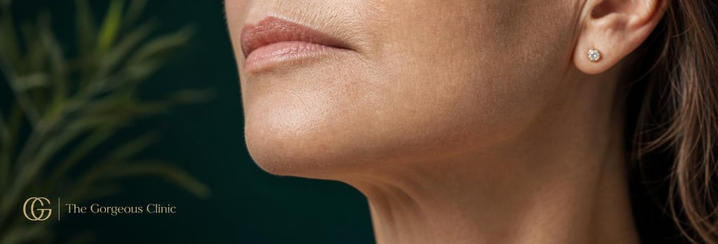 Photorealistic close-up of a jawline and chin detail, mature skin texture, soft flattering clinical light, subtle shadowing to show contour, no needle in frame, forest-green background accent, single focal point on chin-jaw junction.