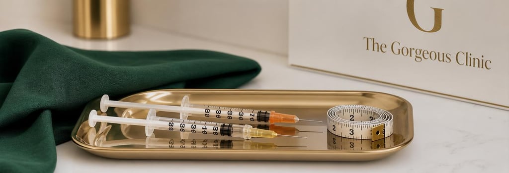 Photorealistic still life of polished syringes and a small measuring tape on a sterile tray, soft clinical lighting, brushed gold instrument reflections, forest-green cloth accent, simple composition with negative space.