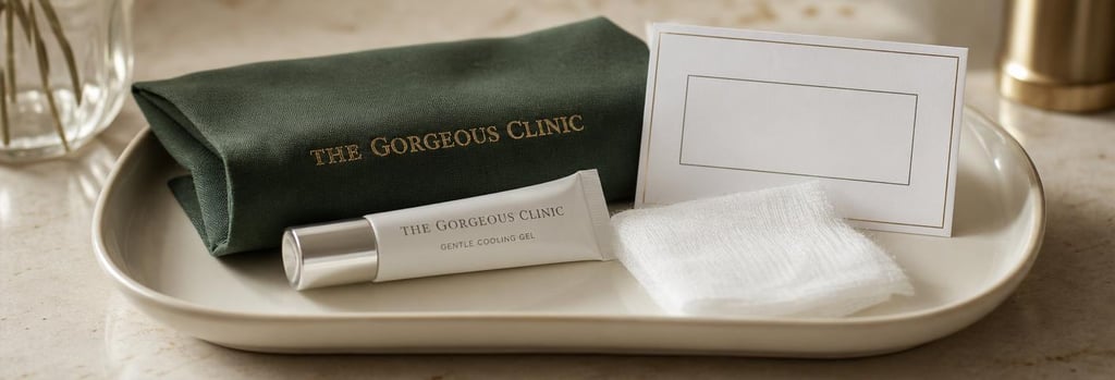 Photorealistic close-up of an aftercare kit on a cream ceramic tray: sterile gauze, gentle cooling gel tube, appointment card (no readable text), forest-green cloth, soft warm light, single focal point, premium clinical still life.