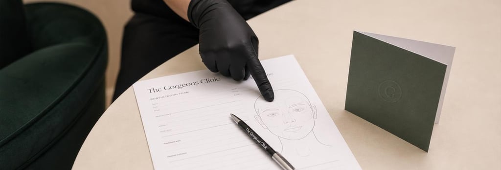Photorealistic close-up of a consultation form and pen on a cream surface, a folded aftercare card (no readable text), gloved hand pointing at a diagram, forest-green upholstery edge, warm neutral lighting, single focal point.