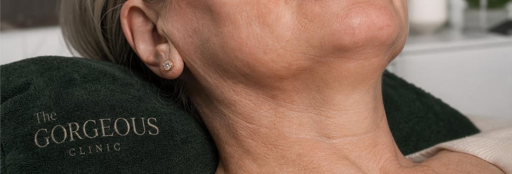 Photorealistic close-up of jawline and under-chin skin texture on a treatment table background, mature skin detail, soft clinical lighting, forest green towel in frame, no faces fully shown, premium medical feel, single focal point