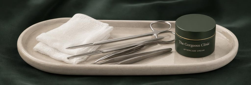 Photorealistic still life of polished metal instruments, gauze and a small aftercare cream jar on a cream ceramic tray, forest green cloth background, elegant negative space, clinical-luxury mood