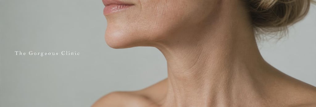 Photorealistic macro image of mature neck skin and jawline in soft clinical light, subtle texture detail, negative space, no full face, premium treatment-relevant editorial style