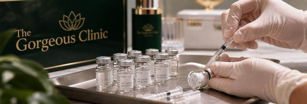 Photorealistic still life of glass vials and gloved hands preparing small syringes on a sterile tray, clinical lighting, forest green and warm cream accents, single focal point, editorial medical-aesthetic feel