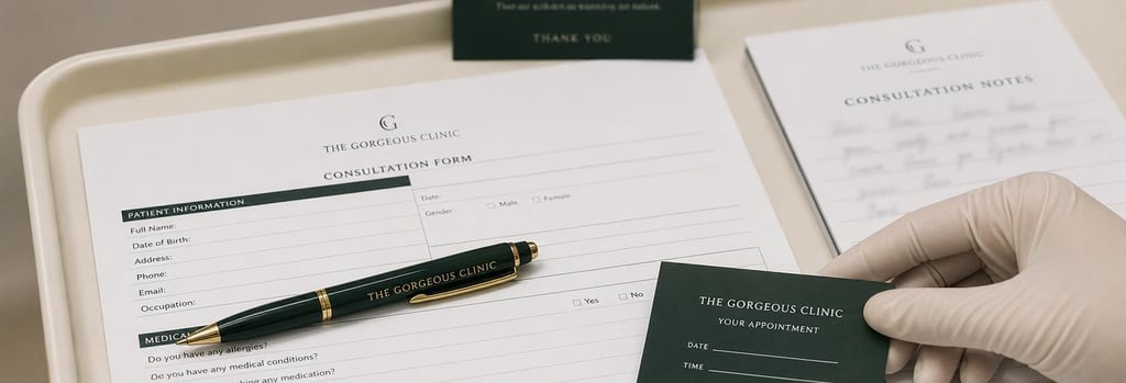 Photorealistic close-up of a consultation form and pen on a cream tray, consultation notes blurred, gloved hand and appointment card partially visible, premium clinical materials, forest green accent