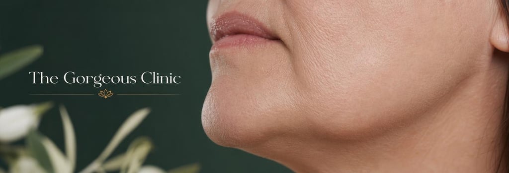 Photorealistic macro image of mature skin texture near the jawline, shallow depth-of-field, soft clinical lighting, forest green and warm cream accents, clear focus on realistic pores and fine lines, tasteful editorial feel, no branding, no procedure activity.