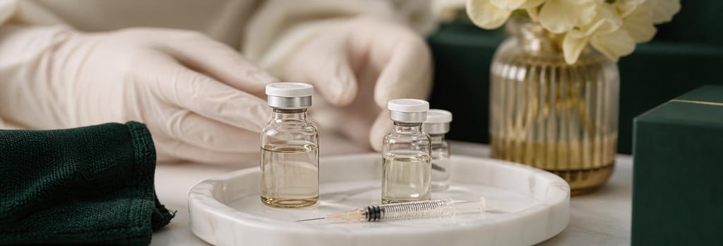 Photorealistic still life of glass vials and a sterile tray with a small syringe, gloved hands in soft focus, warm cream and forest green accents, editorial clinical-luxury styling, single focal point, no readable labels, calm lighting.