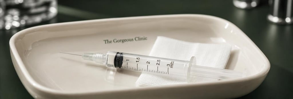 Photorealistic close-up of a sterile tray with a single syringe and gauze, warm cream ceramic tray, forest green background blur, shallow depth-of-field, polished medical-luxury look, no branding or procedure in progress.
