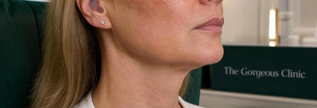 Photorealistic close-up of a mature jawline and partial neck in soft clinical lighting, subtle contour highlight, forest green upholstery visible in background blur, editorial feel, realistic skin texture, no signs of bruising or obvious treatment marks.