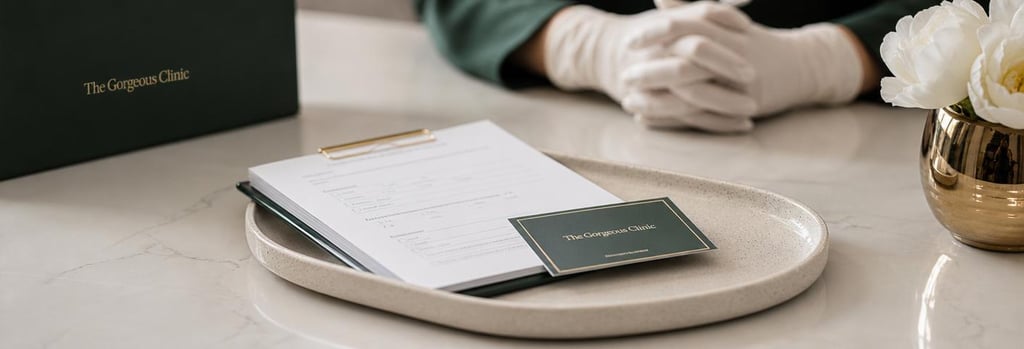 Photorealistic still life of a consent form and appointment card on a cream ceramic tray, a pair of gloved hands blurred in background, forest green fabric detail, polished medical surface, editorial clinical-luxury composition, no readable text.