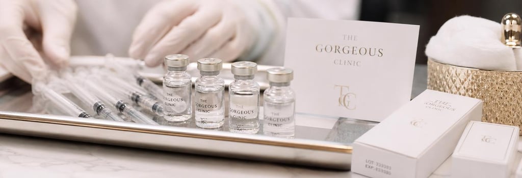 Photorealistic still life of a sterile tray with fine-gauge syringes and small clear vials, soft cream and warm gold accents, gloved hands arranging instruments in the background, editorial clinical feel.
