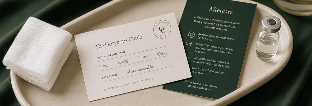 Photorealistic close-up of a clinic appointment card and a small aftercare leaflet on a cream ceramic tray, folded gauze and a polished vial nearby, forest green accent fabric, calm editorial clinical styling.