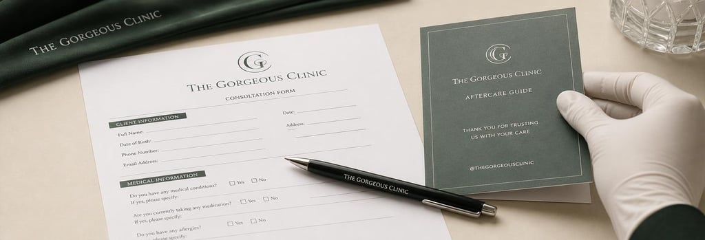 Photorealistic close-up of a consultation form and pen on a cream surface, a folded aftercare card and gloved hand nearby, forest green cloth accent, editorial clinical composition.
