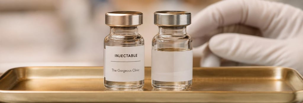 Photorealistic macro image of two small clear glass vials side by side on a brushed gold tray, one labelled generically, gloved hand in soft focus, premium clinical texture, no readable branding.