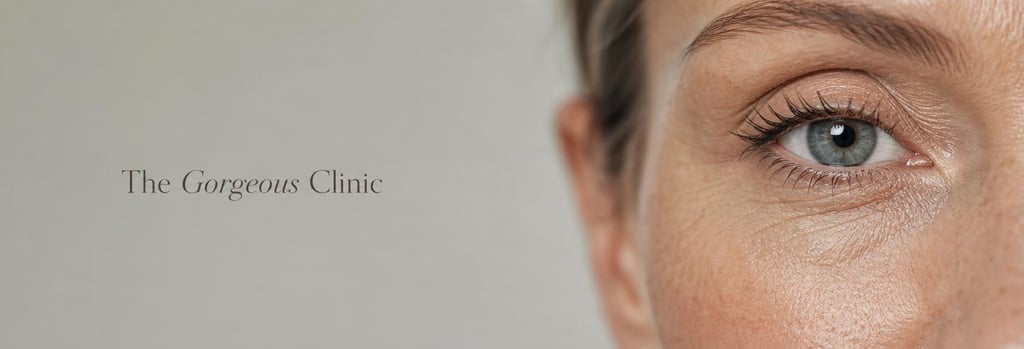Photorealistic macro image of mature skin texture showing fine lines and pores, clinical-luxury mood, clear single focal point on under-eye texture, soft clinical lighting, elegant negative space, no branding, suitable for a premium aesthetics clinic.