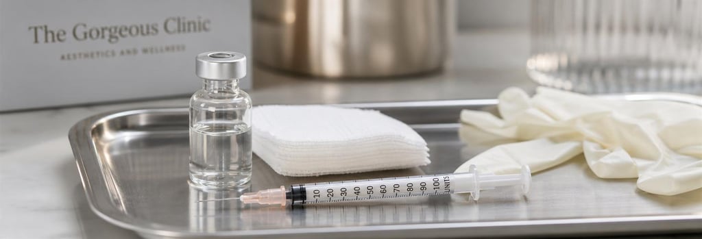 Photorealistic close-up of a sterile tray with a single syringe and small glass vial, soft clinical-luxury palette, shallow depth of field, neat composition with folded gauze and gloves, no branding, editorial detail.