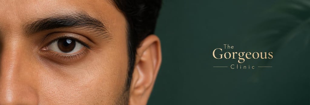 Photorealistic portrait detail of a handsome Indian man, cropped to show the under-eye area and cheek in soft clinical lighting, realistic skin texture, calm forest green background hint, elegant editorial feel, single focal point on periorbital skin.