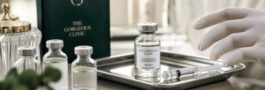 Photorealistic still life of glass vials and sterile tray with a single labelled vial (no readable branding), gloved hands reaching into frame, premium clinical-luxury feel, soft cream and forest green tones, single focal point on vial and syringe beside it.