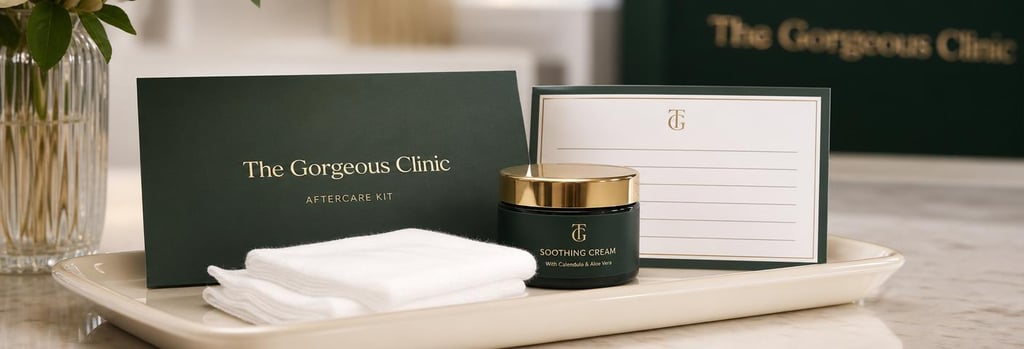 Photorealistic close-up of an aftercare kit on a cream ceramic tray: sterile gauze, small jar of soothing cream, appointment card (no readable text), soft forest green and gold accents, single focal point on kit items, premium clinical-luxury feel.