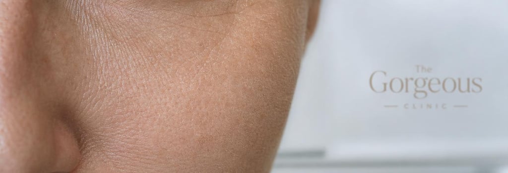 Photorealistic macro image of mature skin texture under soft clinical light, clear focus on pores and fine lines, elegant negative space, premium editorial medical feel, clinical surface in background, no people