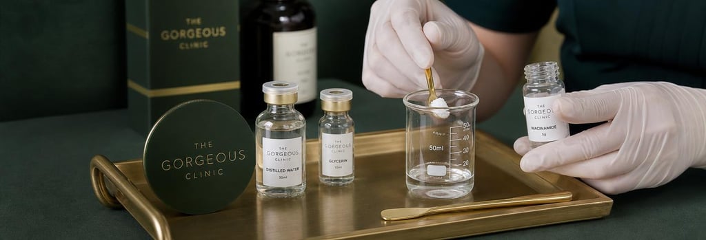 Photorealistic still life of glass vials and gloved hands preparing a mild chemical solution on a sterile tray, forest green cloth and brushed gold tray detail, editorial clinical-luxury mood
