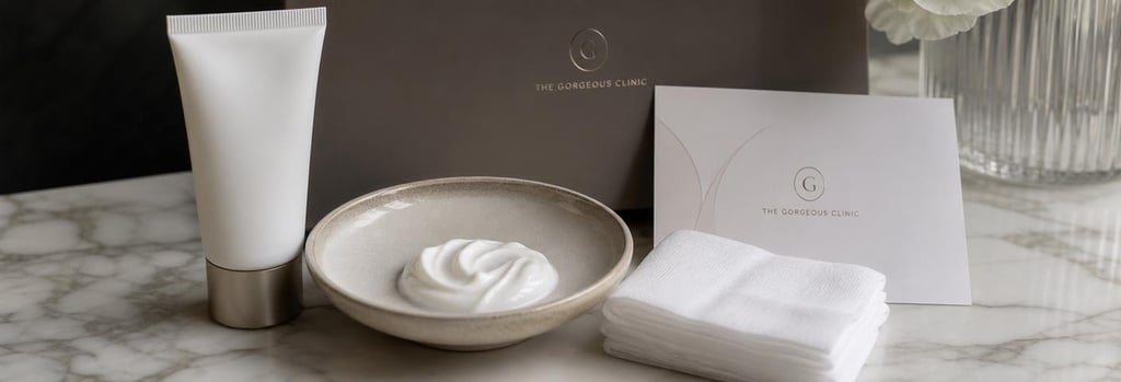 Photorealistic close-up of aftercare objects: broad-spectrum sunscreen tube, gentle cream in ceramic dish, folded gauze and an aftercare card on a marble surface, clinical-luxury styling, no readable text