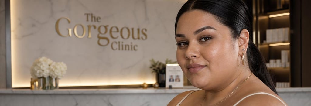 Plump Latina woman with glowing skin in a bougie backdrop, cropped three-quarter face, soft editorial lighting showing skin texture, clinical-luxury mood, photorealistic