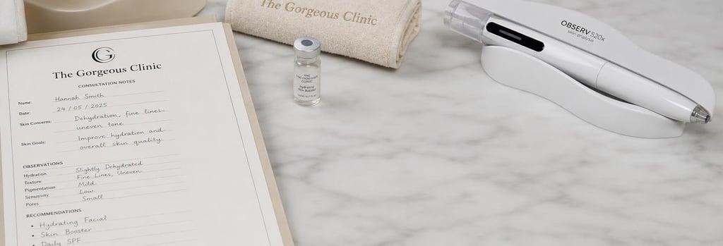 Photorealistic close-up of consultation notes and a skin analysis device on a clinic desk, folded cream towel and sterile vial visible, negative space for text, premium clinical feel