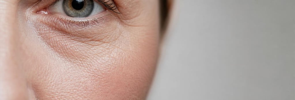 Photorealistic macro image of mature under-eye skin texture, close-up showing gentle crepey lines and realistic pores, soft clinical lighting, single focal point, negative space, elegant editorial medical-aesthetics feel, no branding, photorealistic detail.